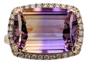 6.38ct, 14x10mm Ametrine Ring With Earth Mined Diamonds in Solid 14k Gold, Size 6.75