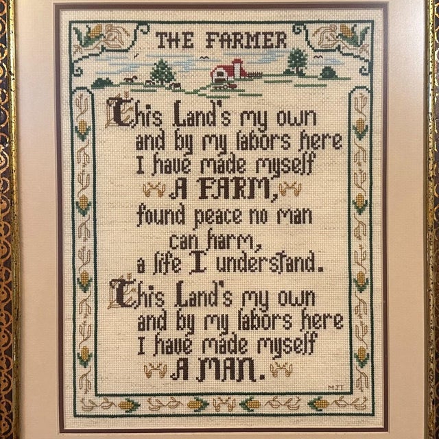 Large Vintage Framed "The Farmer" Counted Cross Stitch - Rustic Farmhouse Large counted cross stitch sampler that is in a...