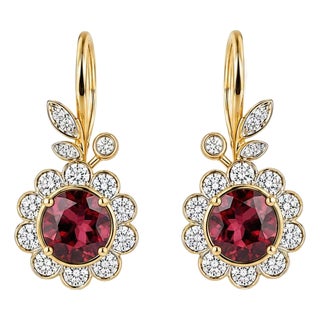 Art Nouveau Garnet Flower and Leaf Drop Earrings, Silver, Gold, Pair For Sale