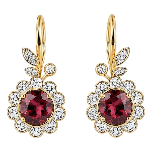 Art Nouveau Garnet Flower and Leaf Drop Earrings, Silver, Gold, Pair For Sale