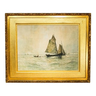 Lovely Large Gold Gilt Frame Antique Victorian Maritime Watercolor Painting Fishing Sailboat Ocean Wall Home Decor Nautical Art For Sale