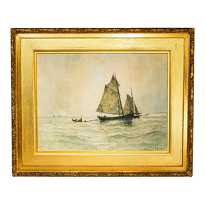 Lovely Large Gold Gilt Frame Antique Victorian Maritime Watercolor Painting Fishing Sailboat Ocean Wall Home Decor Nautical Art