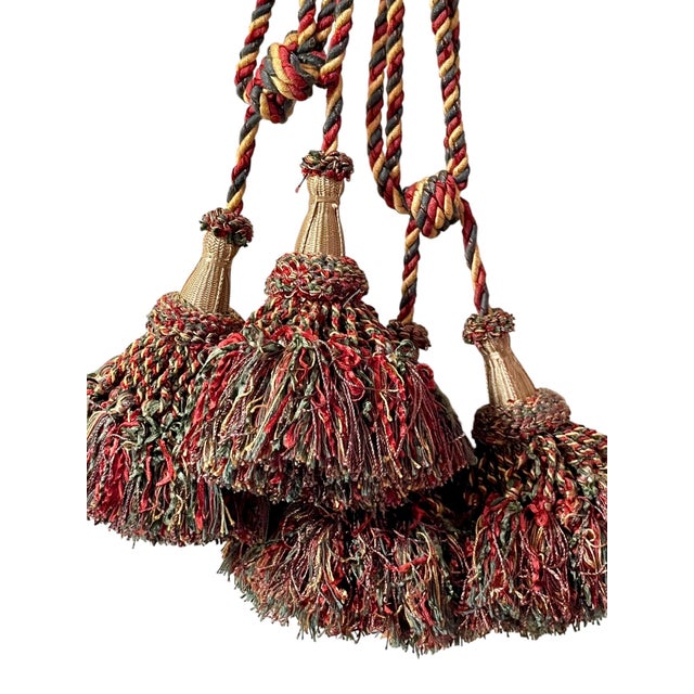 French Country Vintage French Passementerie Tassel Tieback Accent Gold Green Red For Sale - Image 3 of 8