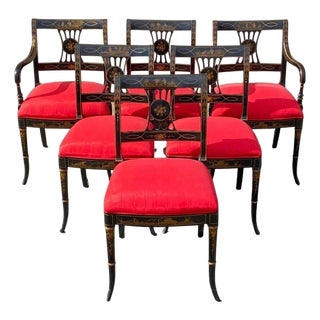 Mid 20th Century Union National Chinoiserie English Regency Black Painted Dining Chair - Set of 6 For Sale