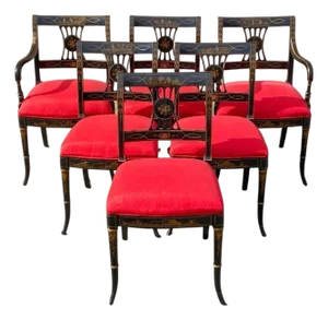 Mid 20th Century Union National Chinoiserie English Regency Black Painted Dining Chair - Set of 6