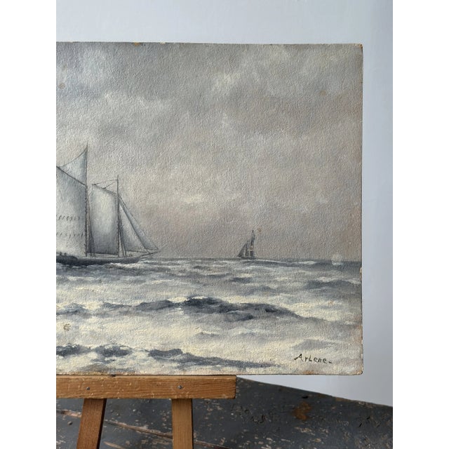Vintage Steely Seascape Painting on Board, Signed by the Artist, Circa Mid-20th Century For Sale In New York - Image 6 of 14