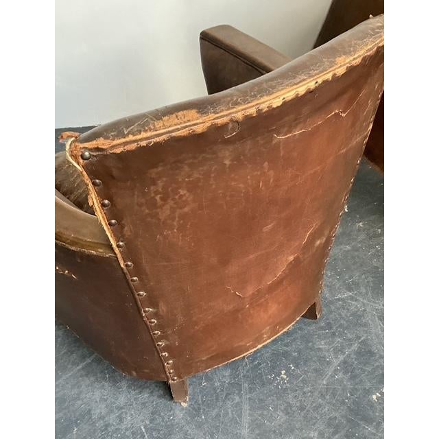 Art Deco Vintage Deco Distressed Leather Lounge Chairs - A Pair For Sale - Image 3 of 13