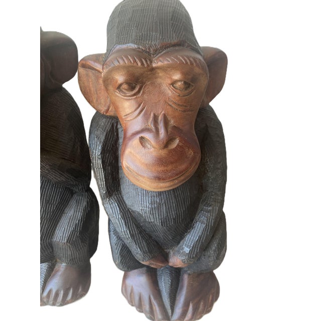 Figurative Vintage Large Hand Carved Wise Monkeys Sculpture Set With Rare Fourth Monkey For Sale - Image 3 of 5