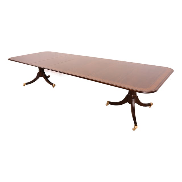 Baker Furniture Stately Homes Georgian Banded Mahogany Double Pedestal Extension Dining Table | Newly Refinished For Sale
