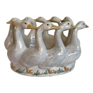 1981 Holland Mold Farmhouse Cottage Hand-Painted Ceramic Goose Ring Bowl/Planter For Sale