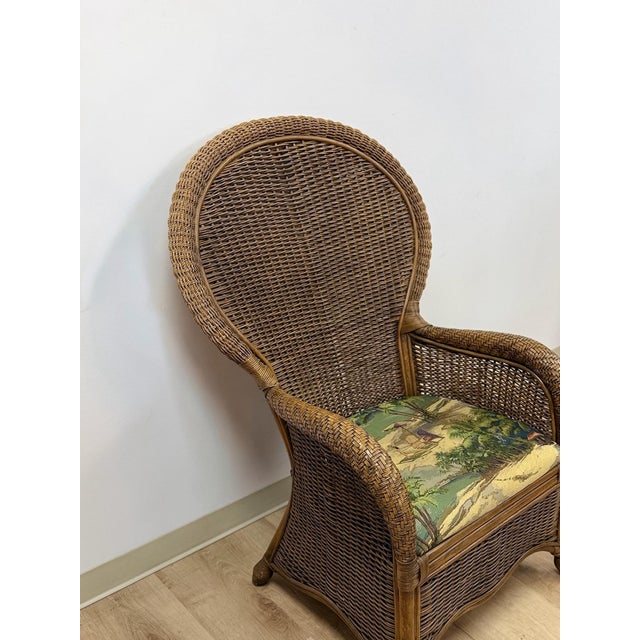 Late 20th Century Coastal Wicker Rattan Chair Vintage Beach Scene Cushion Boho Accent Outdoor For Sale - Image 5 of 10