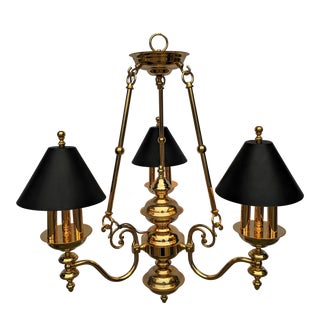Vintage Late 20th Century French Empire Bouillotte-Style 9 Light Brass Chandelier With Black Metal Tole Shades For Sale