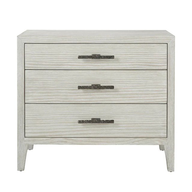 In our Sea Salt finish, the nightstand is constructed using quartered pine accented with uniquely cast ribbed bar hardware...