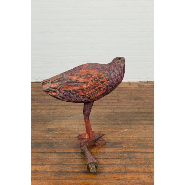 Indonesian Hand Carved Heron Sculpture with Purple, Orange and Black Tones For Sale In New York - Image 6 of 13