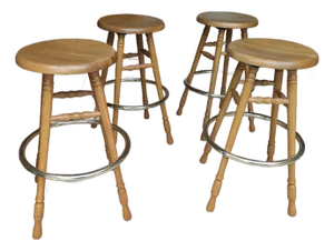 Late 20th Century Four (4) 30" Solid Oak Swivel Pub Bar Stools W/ Brass Footrests