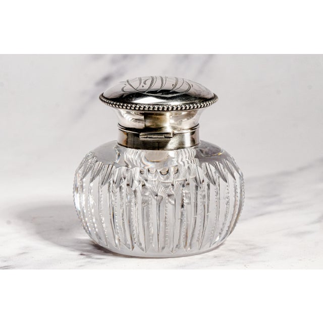 Brilliant Large Antique Cut Crystal Paperweight Inkwell With Sterling Silver Lid Luxury Desk Accessory Home Decor For Sale - Image 9 of 17