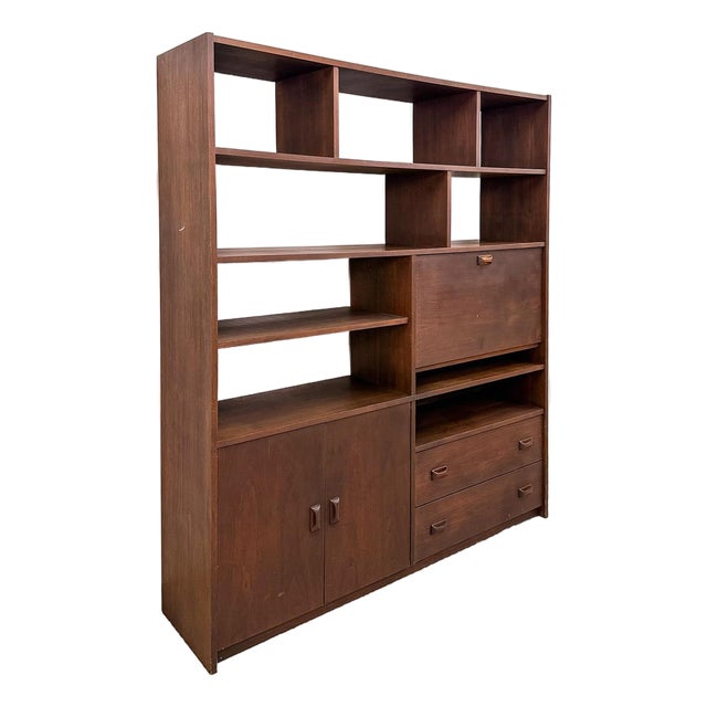 Vintage Walnut MCM Wall Unit Desk Storage Cabinet Mid Century Modern W/ Drawers For Sale