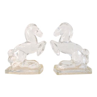 1970s Glass Rearing Horse Bookends, a Pair For Sale