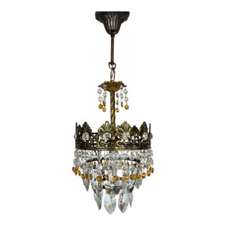 Rare Vintage Brass Crystal Chandelier | 1960s | Amber & Clear Crystal Pendant Light For Sale