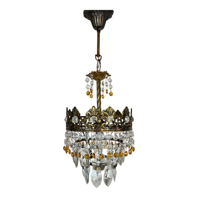 Rare Vintage Brass Crystal Chandelier | 1960s | Amber & Clear Crystal Pendant Light For Sale