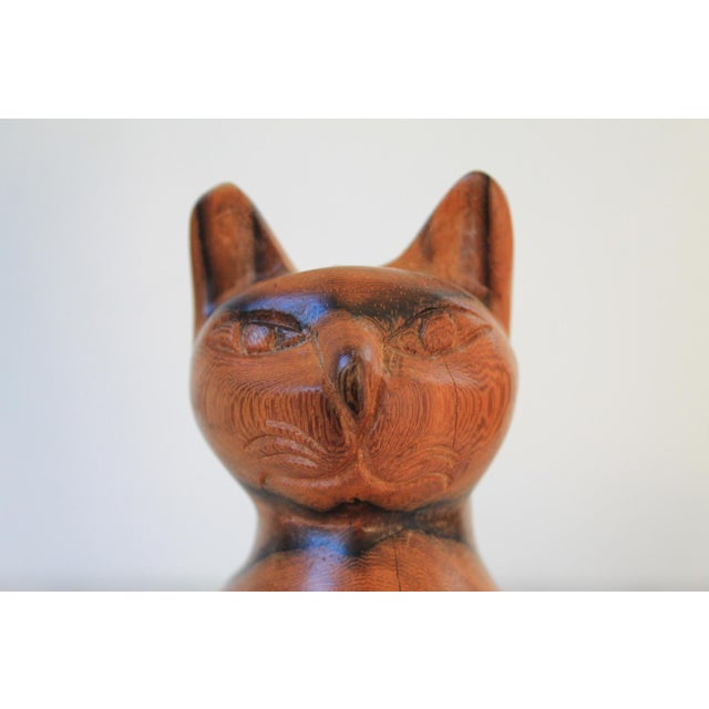 Mid 20th Century Mid-Century Hand-Carved Solid Wood Vintage Cat Sculpture For Sale - Image 5 of 10