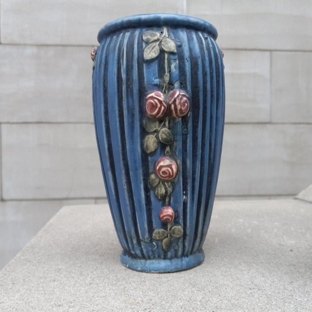 1915 Weller Art Pottery Blue Drapery Pair (2x) of Vases For Sale In New York - Image 6 of 12
