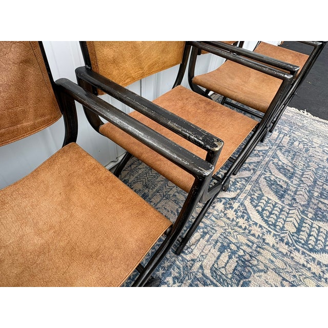 Metal Restoration Hardware 1970s French Director's Dining Chairs | Set of 5 | Chestnut Leather For Sale - Image 7 of 17