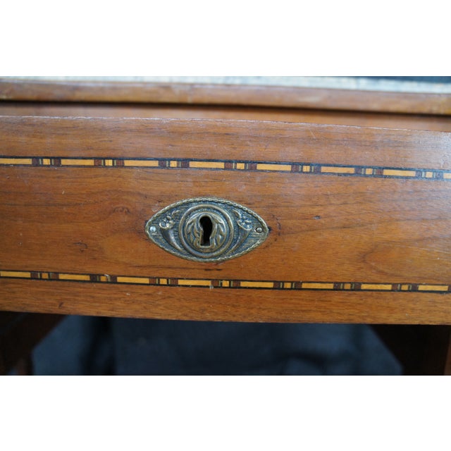 Antique American Sheraton Inlaid Mahogany Marble Top Writing Desk Library Table For Sale - Image 11 of 14