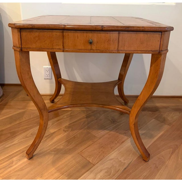 2’-4” x 2’-4”x 2’/4”H warm walnut classic Biedermeier side table w/single drawer.