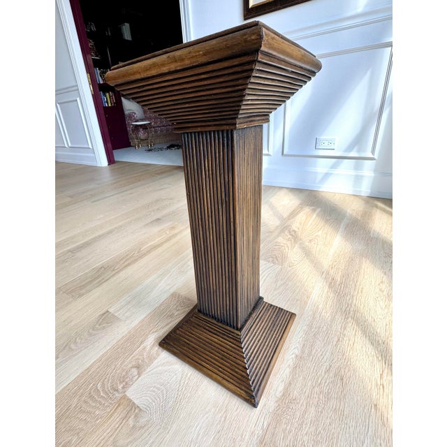 Wood Vintage Dark-Stained Pencil-Reed Rattan Pedestal / Plant Stand / Drink Table For Sale - Image 7 of 9