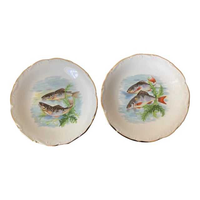 Mid 20th Century Vintage French Porcelain Limoges Fish Plates- Set of 2 For Sale