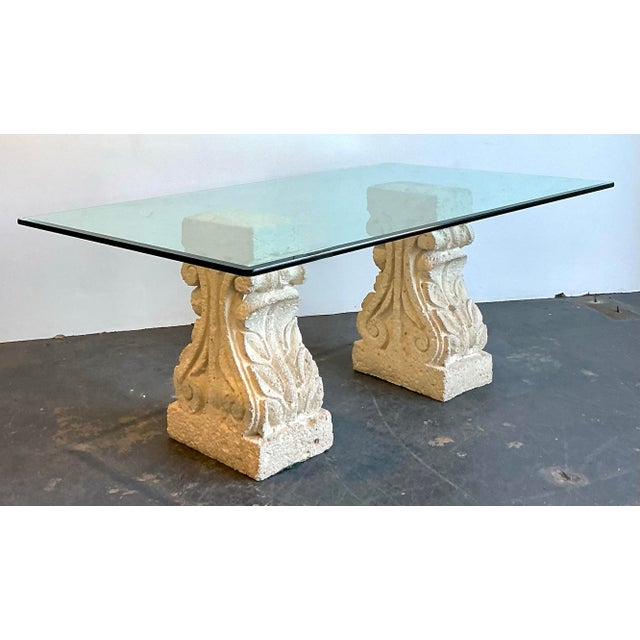 Glass Vintage Carved Coquina Stone Pedestal Dining Table For Sale - Image 7 of 12