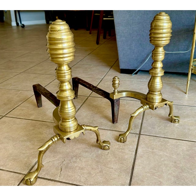 Traditional Pair Large Federal Beehive Ball Claw Brass Andirons For Sale - Image 3 of 18