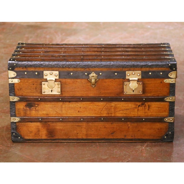 French 19th Century French Parisian Travel Trunk With Brass Hardware and Wood Slat Top For Sale - Image 3 of 13