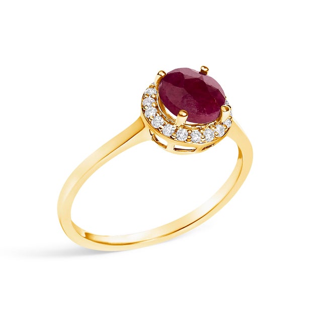 Contemporary 10K Yellow Gold Red Ruby and 1/10 Cttw Diamond Halo Ring For Sale - Image 3 of 7