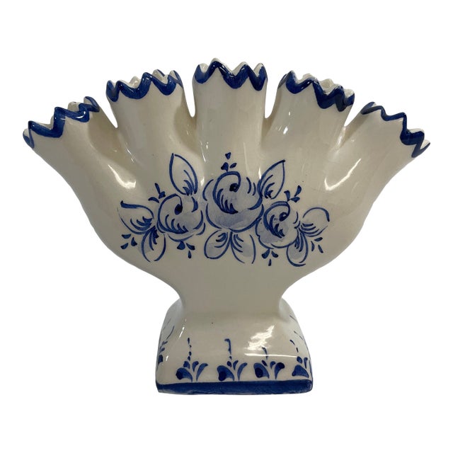 1970s Vintage Blue and White Portuguese Petite Tulip Vase Tulipiere For Sale