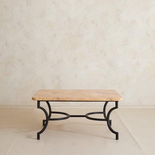 French Hand-Forged Wrought Iron + Ochre Marble Coffee Table, 1950s For Sale In Chicago - Image 6 of 11