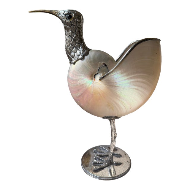 Binazzi Firenze Silver Plate & Nautilus Shell Bird Sculpture, 1970s. Signed. For Sale