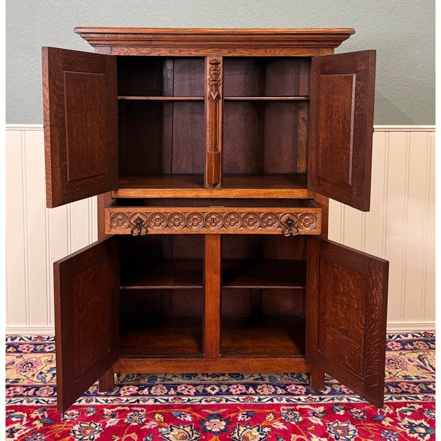 Antique French Gothic Linen Altar Wine Storage Cabinet Bookcase Bar Liquor Oak For Sale - Image 12 of 18