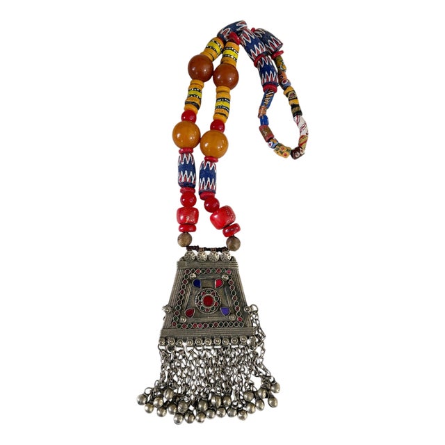 Vintage Tribal Afghan Necklace W/Coral Wall Hanging 22" H For Sale