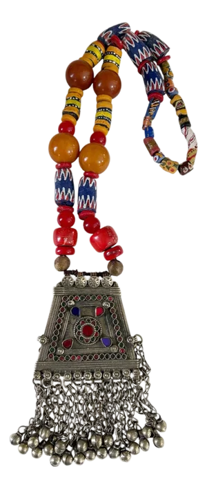 Vintage Tribal Afghan Necklace W/Coral Wall Hanging 22" H