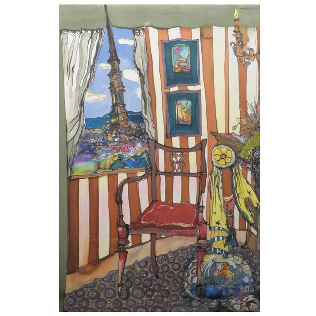 Mid-Century Modern Mid Century European Water Colors Silk Painting Matisse Style Signed Multicolors For Sale - Image 3 of 10