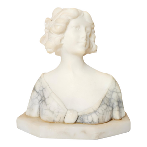 Antique Italian Polychrome Carved Alabaster Portrait Bust of a Lady