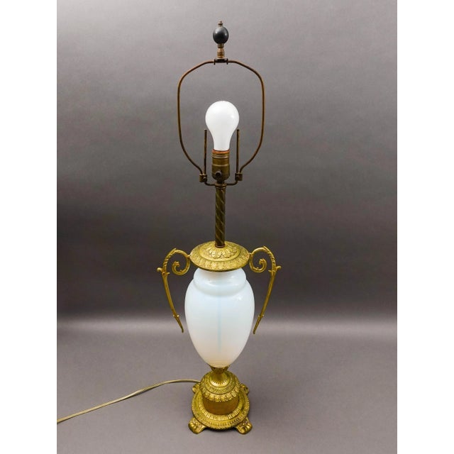 Mid 20th Century French Gold Ormolu Gilt Bronze Opaline Opalescent Glass Table Lamp For Sale - Image 4 of 8