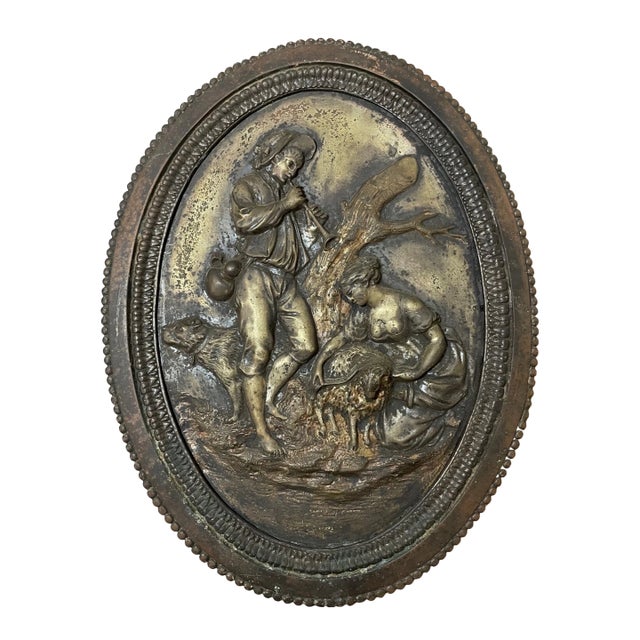 Antique 1800's Solid Bronze Relief Wall Plaque Art Animal Figural Scene Statue For Sale