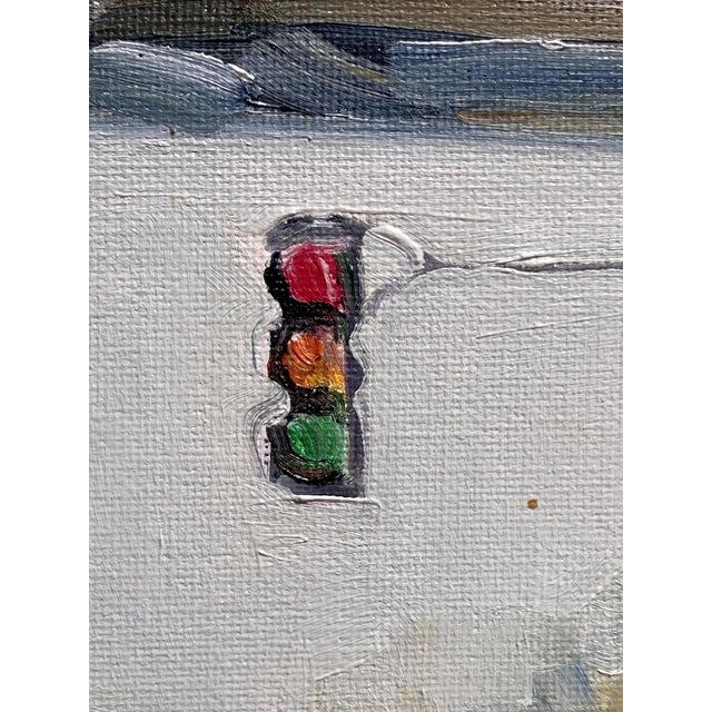 Low Clearance by Peggy McGivern | Oil on Panel Painting of a low bridge with a traffic signal and sign For Sale - Image 4 of 5