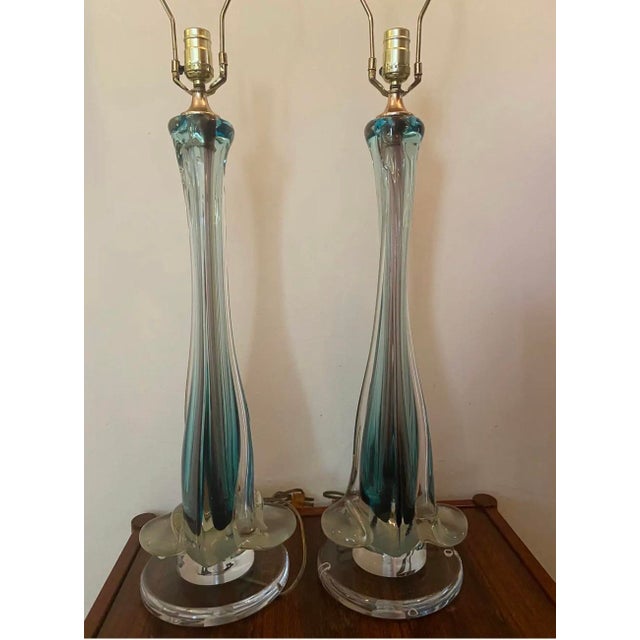 Glass Mid 20th Century Mid-Century Modern Italian Sommerso Murano Glass Fluted Table Lamps - A Pair For Sale - Image 7 of 10