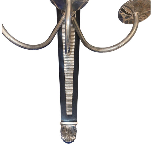 Wood Pair of Mid 20th Century American Nickel & Wood Three-Light Sconces For Sale - Image 7 of 9