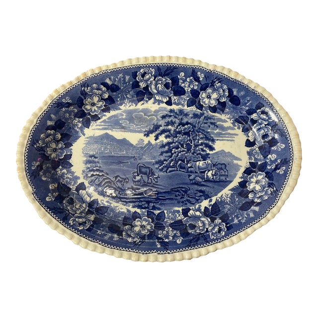 Antique Adams English Blue and White Cattle Scenery Platter For Sale