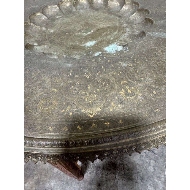 1960s Moroccan Style Brass Tray Teak Table For Sale - Image 5 of 9